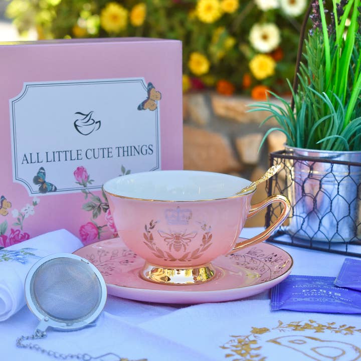 Regency Queen Bee Rose Blush with Gold Teacup and Saucer for wholesale by All Little Cute Things