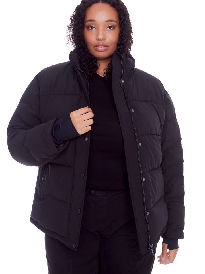 FORILLON PLUS | WOMEN'S VEGAN DOWN (RECYCLED) SHORT QUILTED PUFFER JACKET, BLACK (PLUS SIZE) for wholesale by Alpine North CA