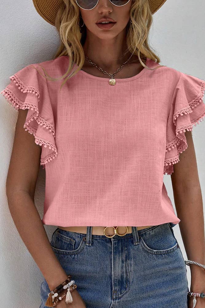 Comely Fashion - Vendita all'ingrosso Camicetta - Donna - Top a girocollo con maniche a balze in tinta unita5