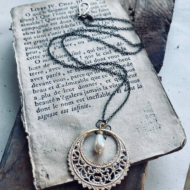 Boho Bridal Filigree Necklace With Pearl for wholesale by Fuchsia Bloom Studio