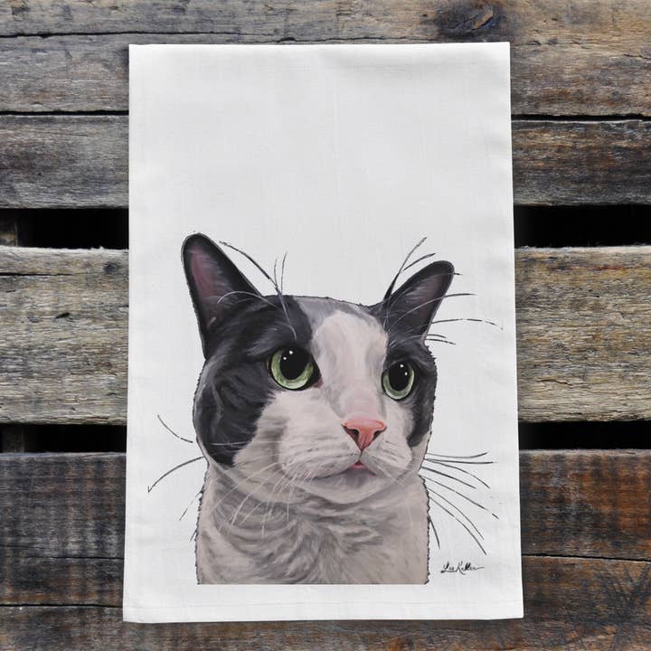 Grey White Cat Tea Towel, 'Grey & White Cat', Cat Flour Sack for wholesale by Hippie Hound Studios