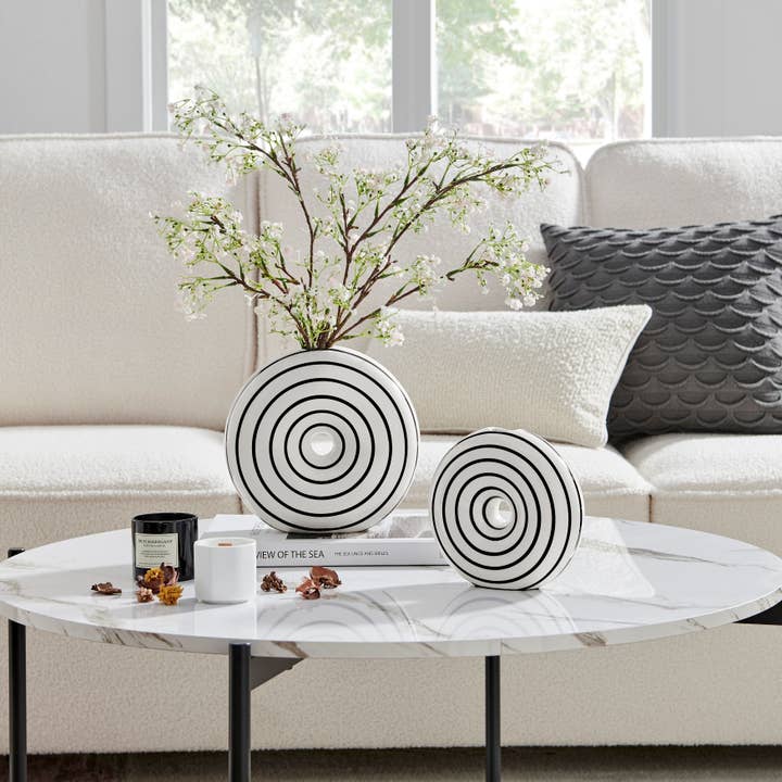 Danya B - Wholesale Vase - Etta Glossy Ceramic Black White Striped Round Donut Vase Set1