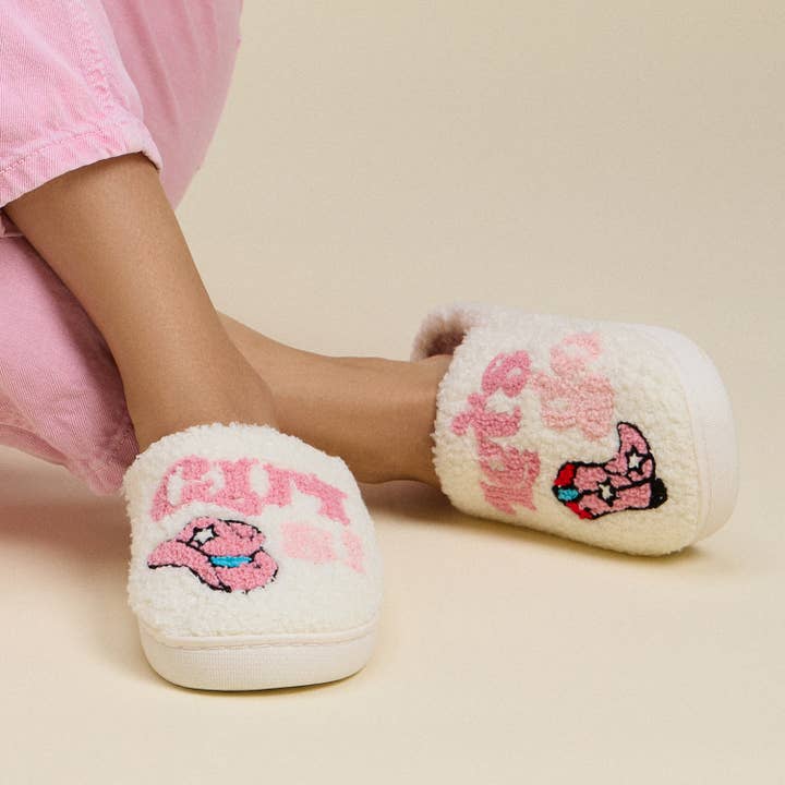 "Let's Go Girl" Fuzzy Home Slippers for wholesale by Lilla Haven