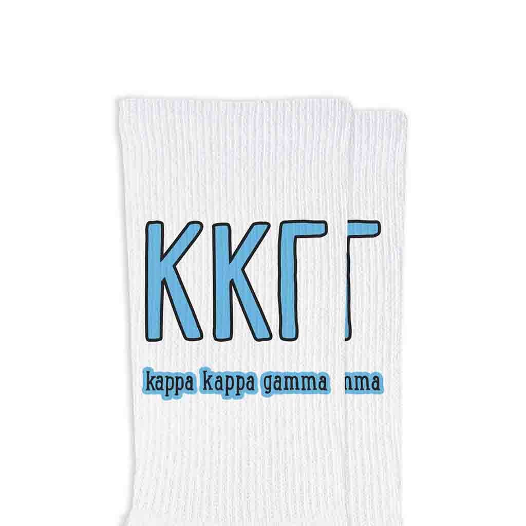 White Sorority Crew Socks with Name and Letters in Sorority Colors for wholesale on Faire16