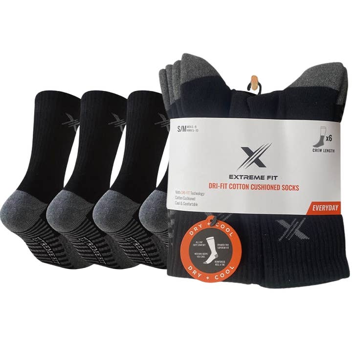 6-Pairs: Dri-tech Everyday Wear Crew Length Socks - BLACK for wholesale by Extreme Fit Wholesale