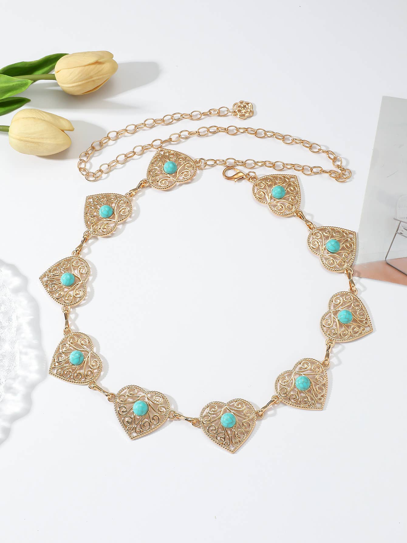 Tourtiwi - Wholesale Belt - Women's - Boho Heart Shape Turquoise - Inlaid Metal Waist Chain0