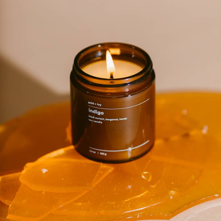 gold + ivy - Wholesale Jar/Filled Candle - indigo soy candle - black currant, bergamot, honey 0