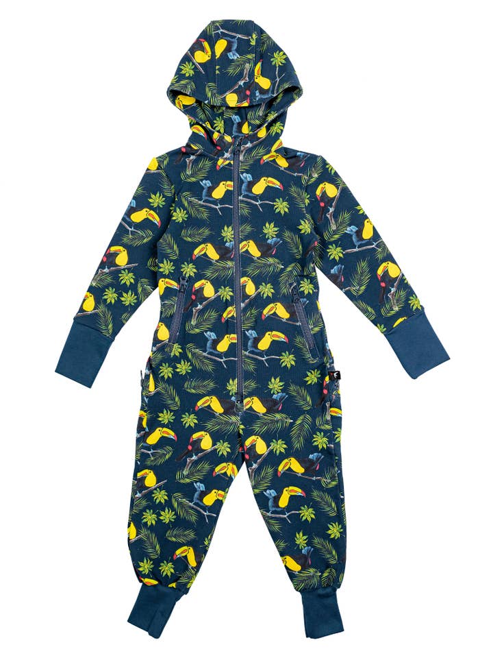 Warm jumpsuit with zipper rear, toucan print, blue for wholesale on Faire