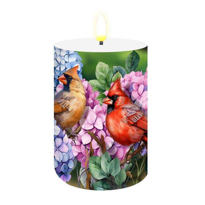 Perched Cardinals Flameless Candle for wholesale by Briarwood Lane