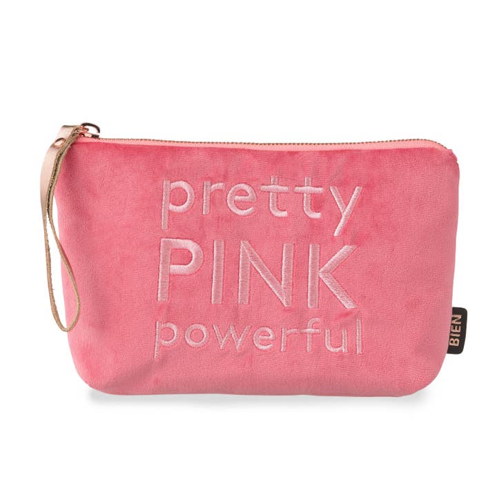Velour- och satintygsfodral i nylon med broderad text «pretty PINK powerful» för wholesale av BIEN moves