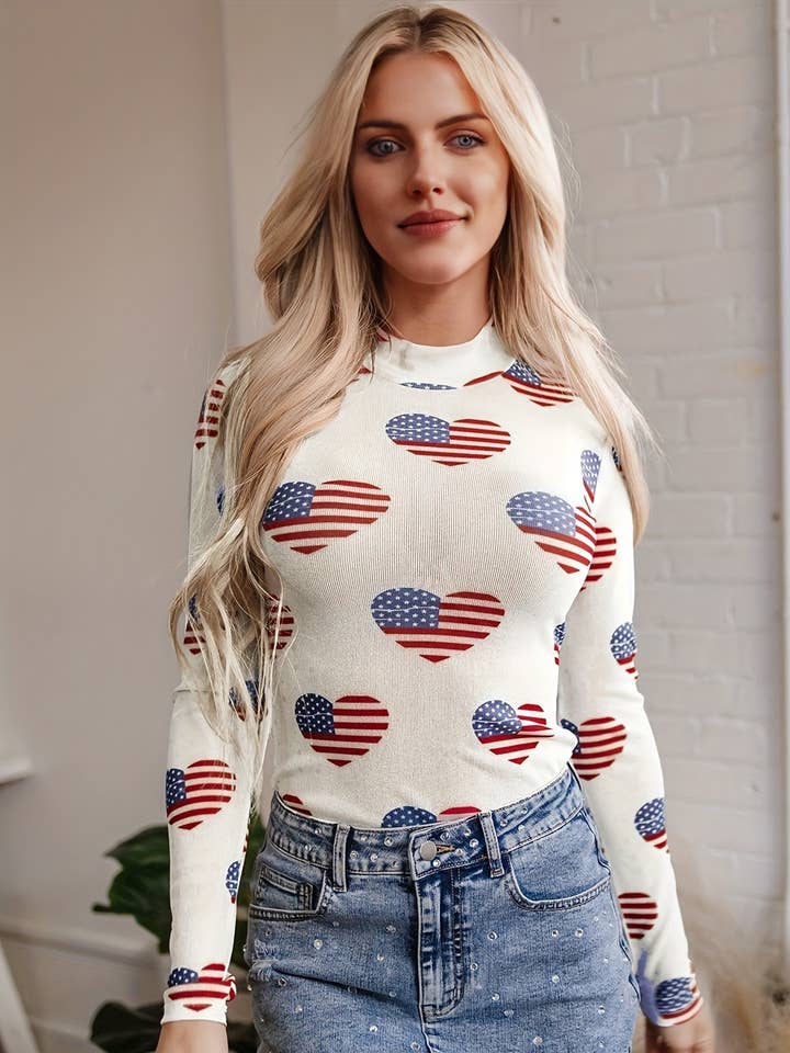 Americana Glitter Mesh Long Sleeve Bodysuit for wholesale by LiveFashionWay