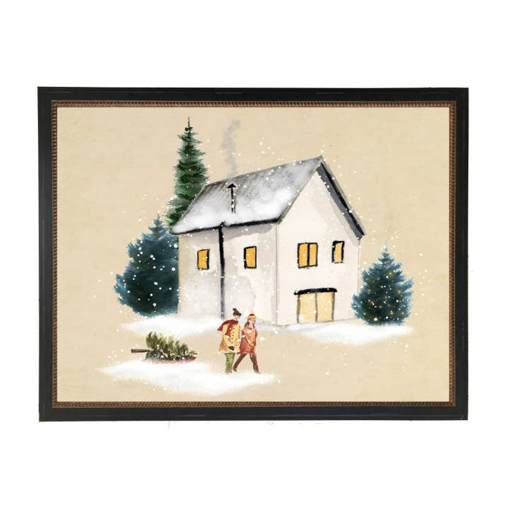 Akvarel vinterscene A på en slidt baggrund for engroshandel hos Antique Curiosities Inc