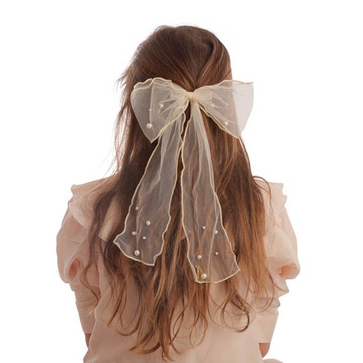 Wavy Pearls Narrow Long Bow for wholesale by Heirlooms New York