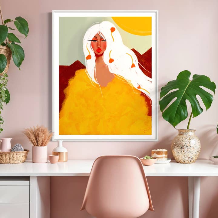 Woman with Yellow Dress Illustration Fine Art Print for wholesale by Aim Straley Art