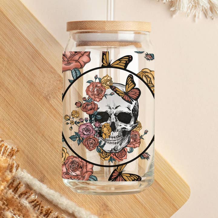 Emma and G Designs - Wholesale Drinking Glass/Cup - Skull Floral Can Clear Glass | GLASS ONLY0