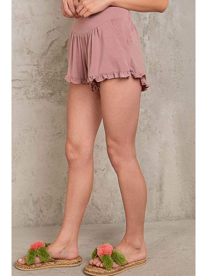 Pol Clothing - Wholesale Shorts - Women's - Back Elastic Waistband Ruffle Trim Knit Shorts