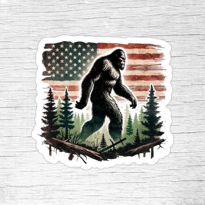 Bigfoot in Woods with American Flag Sticker — Patriotic Sasq and other Purchase Wholesale american water. Free Returns & Net 60 Terms on Faire trending on Faire.