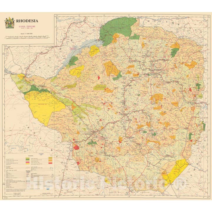 Mapa de Tenencia de Tierras de Rodesia 1974 Zimbabue, Reproducción Antigua para venta al por mayor de Historic Pictoric