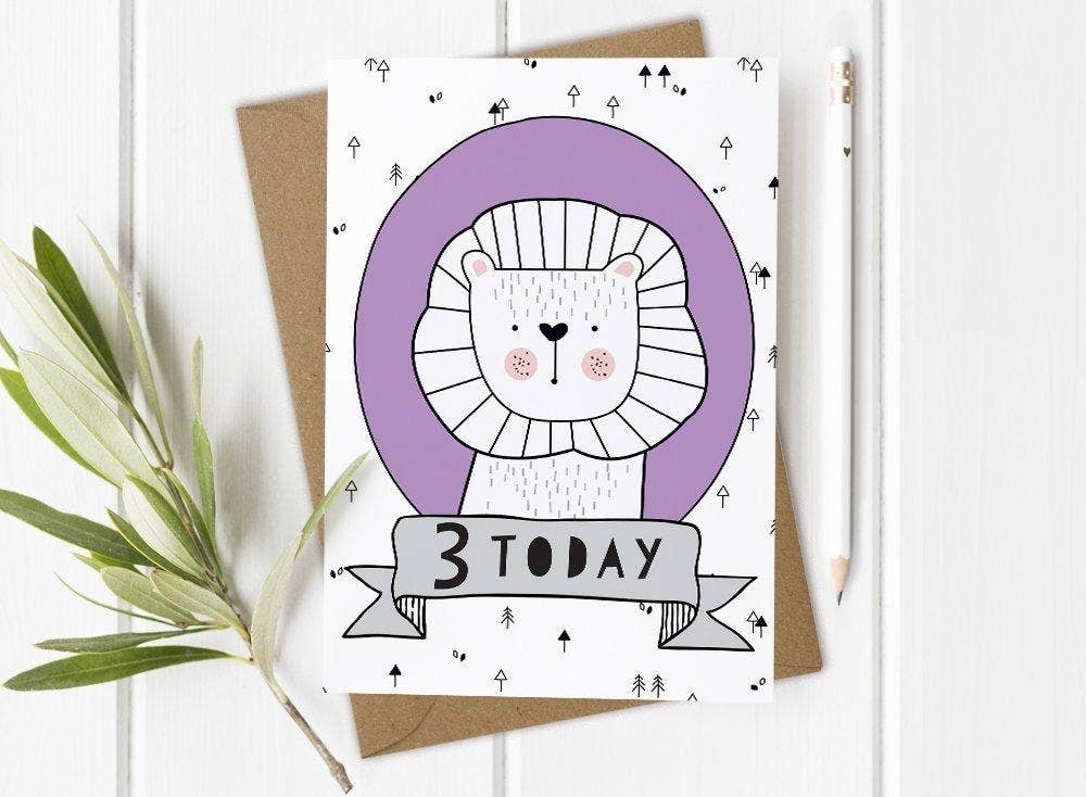 Mrs Best Paper Co. - Venta al por mayor Tarjetas de cumpleaños - 3 años, tarjeta de tercer cumpleaños, niña o niño - león1