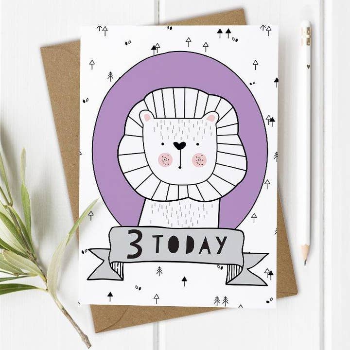 Mrs Best Paper Co. - Venta al por mayor Tarjetas de cumpleaños - 3 años, tarjeta de tercer cumpleaños, niña o niño - león1