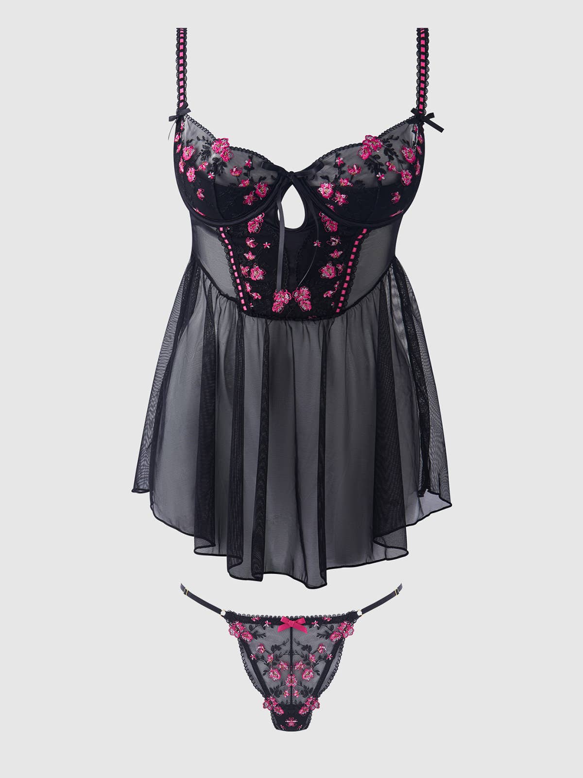 BLACK PINK DRAGON HARPER EMBROIDERED MESH DROP WAIST BABYDOLL & G-STRING SET for wholesale on Faire6