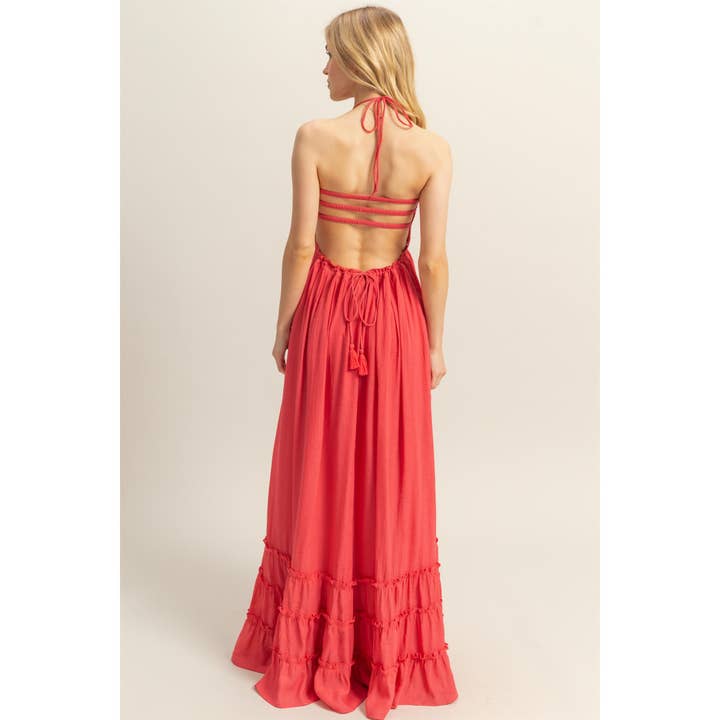 HYFVE - Vendita all'ingrosso Vestito - Donna - Abito lungo con corpetto arricciato a collo all'americana e orlo a balze HF25E055