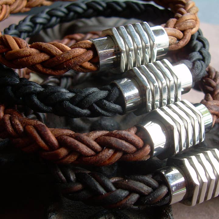 Urban Survival Gear USA - Wholesale Jewelry - Men's - Men's Bracelets Leather Mens Thick Braided Leather Bracelet with a Large Stainless Steel Magnetic Clasp Fathers Day Gift Mens Jewelry