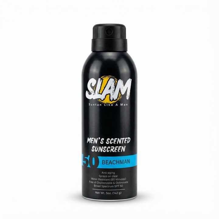 Men’s Scented Sunscreen Spray – BeachMan Scent – non-greasy for wholesale by Slam Lotion