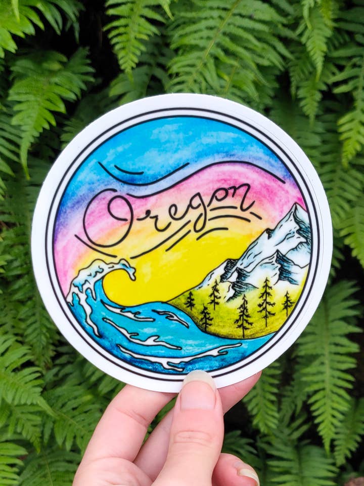 Oregon Coast - Vinyl Sticker Art - PNW Ocean Mountains Forest Hiking Nature Sunset Watercolor for wholesale by Crafted from Scratch