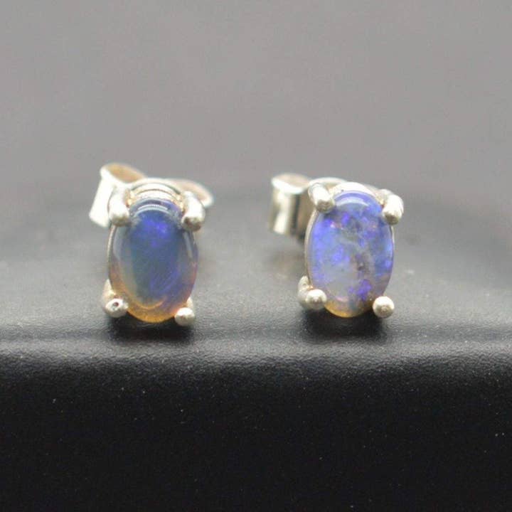 Dainty Australian Black Opal and Silver Earrings for wholesale by OlliesOpals