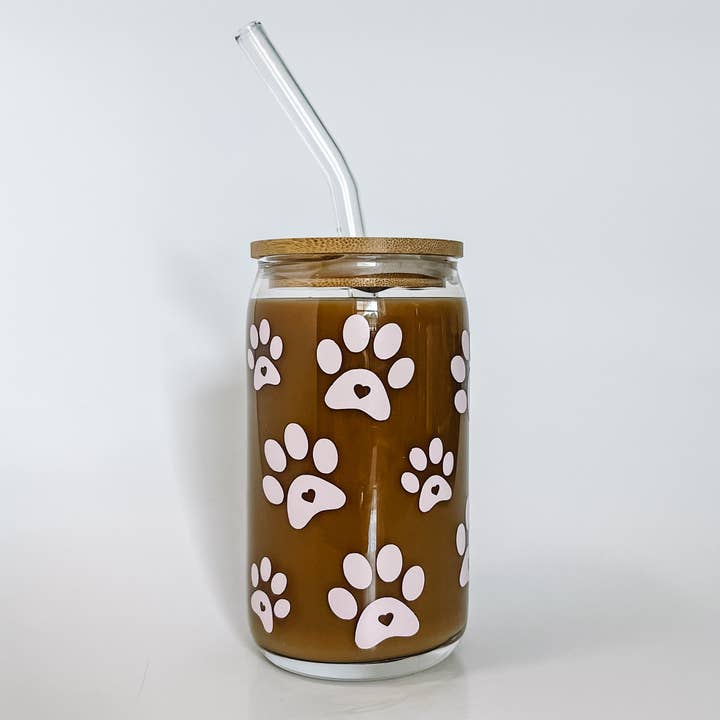 Paw Print Iced Coffee Glass Cup w/ Lid & Straw for wholesale by Love Her Work