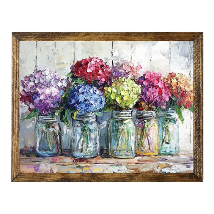 Jarmz Designs - Wholesale Wall Sign - TIMBERLAND FRAME COLORFUL HYDRANGEA MASON JAR FLORAL