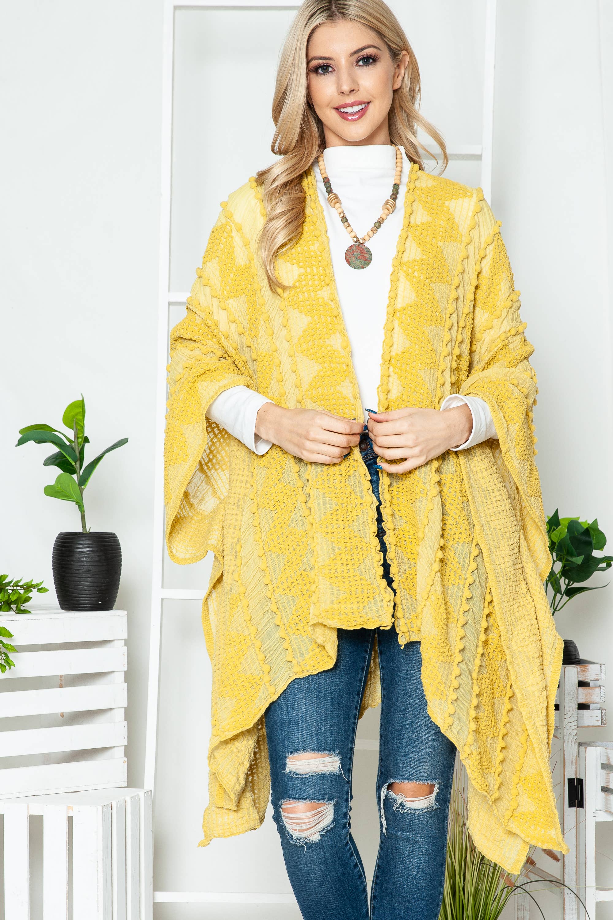 Justin & Taylor - Wholesale Kimono - Women's - Puffer-Up | Soft Textured Cover-Up Kimono With Pom Detail7