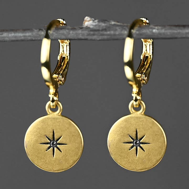 Golden Huggie Brass North Star with Stone Earrings for wholesale by KBD Studio