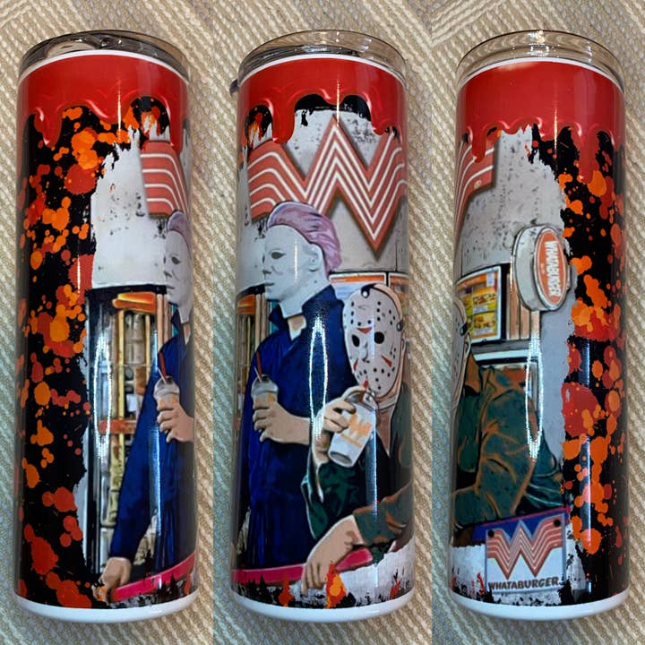 Drifting Dogwood Designs - Wholesale Insulated Mug/Tumbler - Whataburger Horror Movie Characters Tumbler (Michael & Jason)