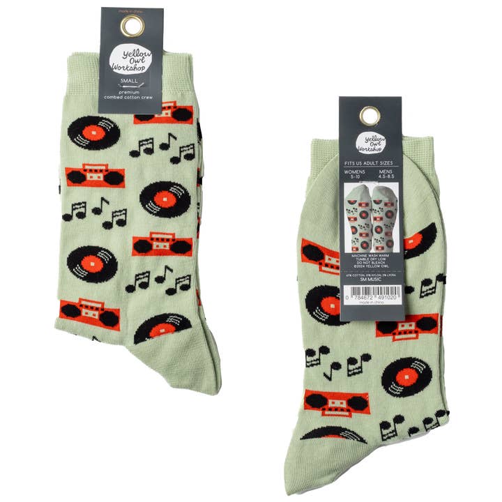 Yellow Owl Workshop - Wholesale Socks - Unisex - Music - Small Crew Socks - Vintage Vinyl Records Lover2