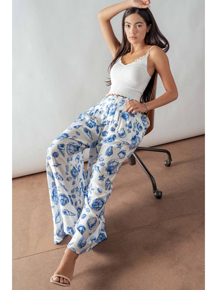 WHITE BLUE Seashell Print High-Waisted Wide-Leg Pants for wholesale on Faire