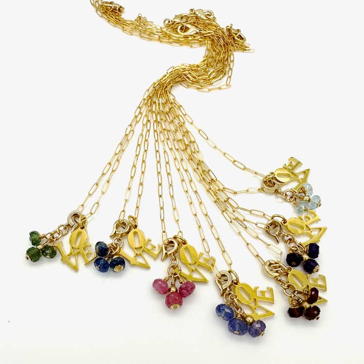 LOVE Pendant Birthstone Necklace 16" for wholesale by Rebecca Cherry Jewelry Co.