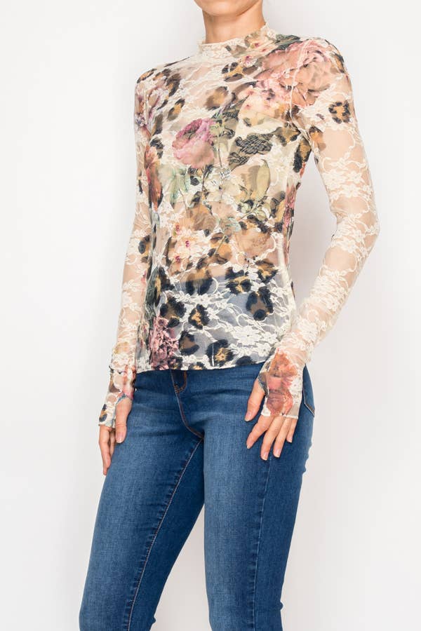 Sheer Flower Lace Mesh Long Sleeve Top – OLS-4865BG-LEO FL for wholesale on Faire2