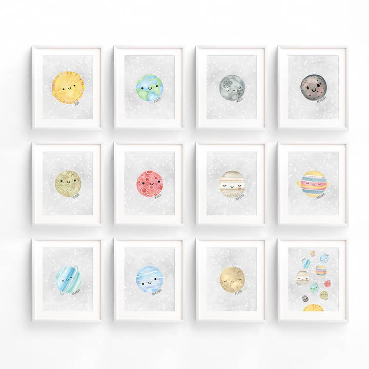Outer Space Art Prints for Baby Nursery & Kids - Set of 12 for wholesale by Pink Pineapple