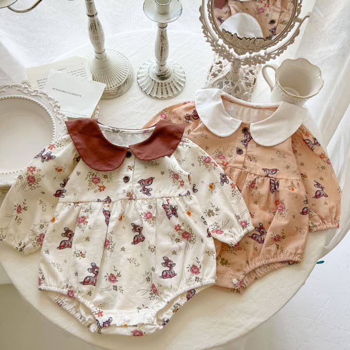 Baby Pige Blomst & Hjorte Mønster Dukkehals Bomuld Bodysuit for engroshandel hos MyKids-USA®