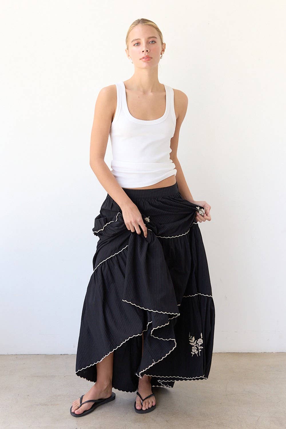 Black Embroidery Tiered Maxi Skirt - RS1032 for wholesale on Faire3