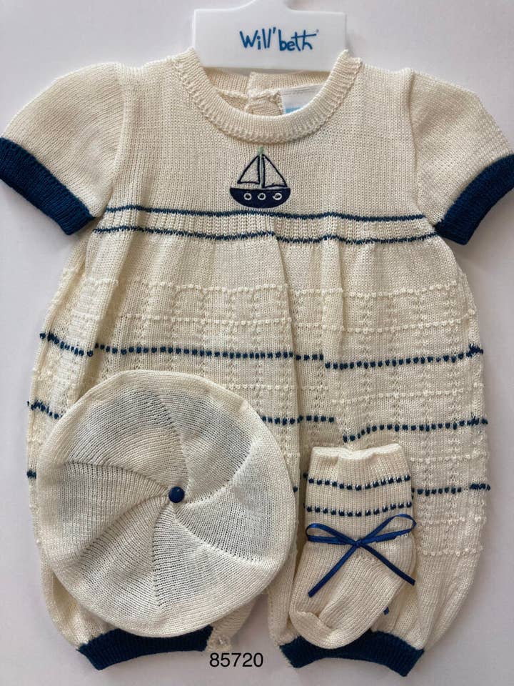 85720 Ivory Navy Knit Romper for wholesale by Will'beth