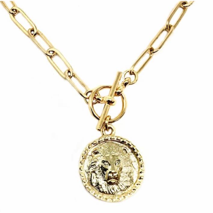 B.BéNI® Christian & Jewish Jewelry – wholesale Pendant/charm necklace – Shiny Gold Intrépide Lion Coin Toggle Necklace1