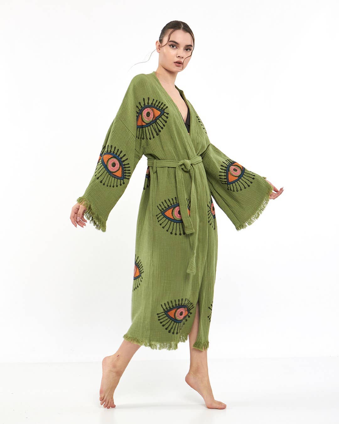 Yaz Concepts - Wholesale Kimono - Women's - Turkish Evil Eye Print Olive Green Robe Festival Kimono Gown13