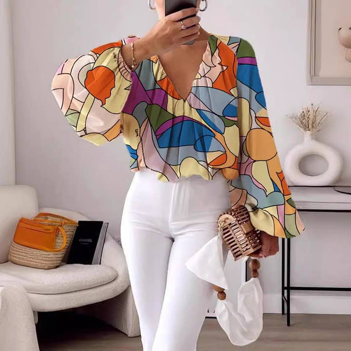 Chicto - Wholesale Blouse - Women's - Printed V-Neck Long Sleeve Shirt Elegant Women's Loose Solid