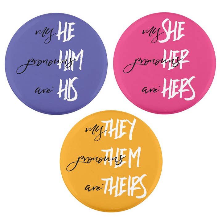 Handwritten 2.25" Pronoun Buttons for wholesale by Buttonsmith