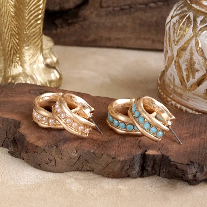 PennyLine inc - Wholesale Hoop Earrings - Minimalist Hoops with Faux Pearls or Turquoise – Brushed Gold