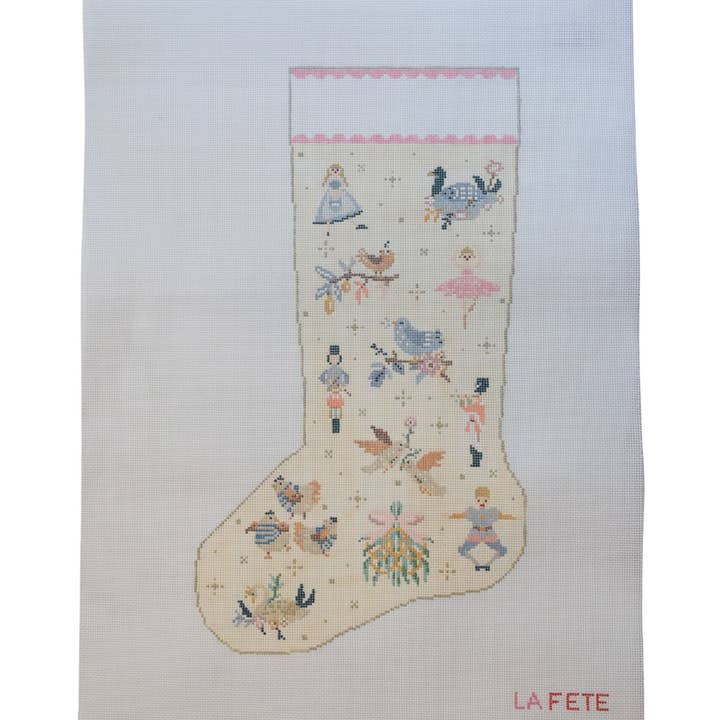 12 Days of Christmas Cream Stocking Hand Painted Needlepoint Canvas for wholesale by La Fete Needlepoint