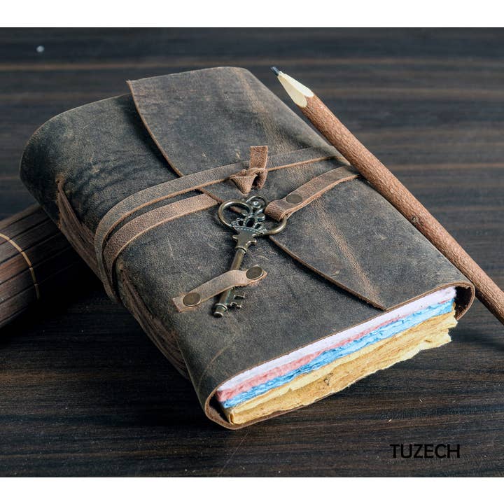 Tuzech Leather - Wholesale Journal/Diary - Tuzech Leather Journal for Women Men Gift With Deckle Edge Paper , Leather Scrapbook, Book of Shadows, Vintage Journal, Old Books, Grimoire, Antique Drawing Sketchbook Colourful Paper 7 by 5 Inches3